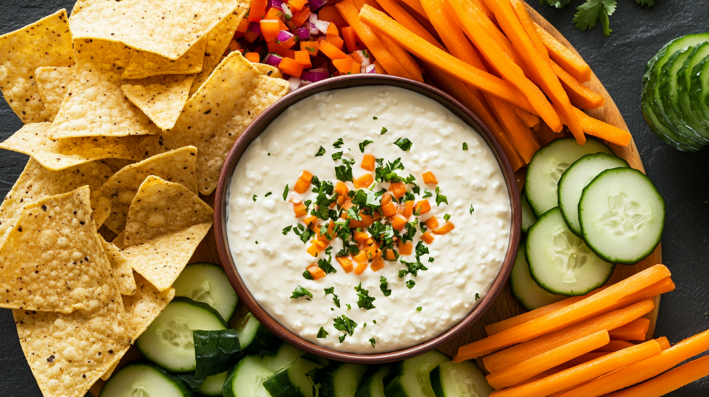 Cottage cheese queso dip served with dippers