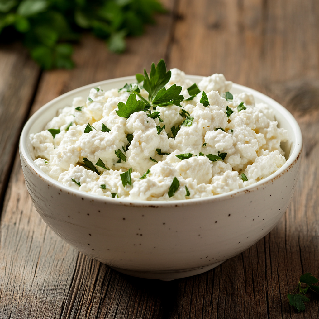 Dairy-free cottage cheese served in a white bowl with fresh herbs.